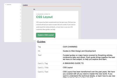 A screenshot of a Components page in Figma, showing the name of an element and a screenshot of a copy doc with a corresponding element name that match