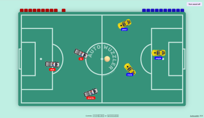 Game user interface showing a foosball table background, six cars in two teams and one ball.