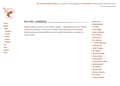 A screenshot of my bio on the WaSP site retrieved from the Internet Archive