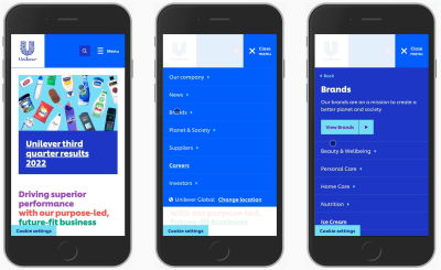 Three mobile views of the Unilever website showing one level of navigation at a time