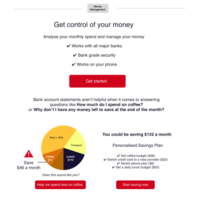A quick mockup of the landing page meeting the user questions and information needs.