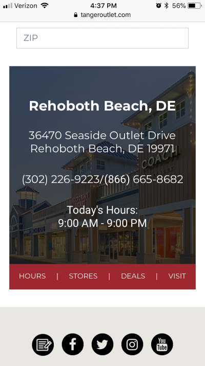 Example of a location-specific page and details from Tanger Outlets.