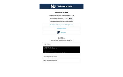 The Nx generated home page for a new application