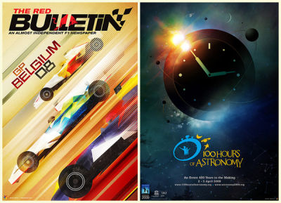 the image is divided into two parts, a colorful image of 3 cars in motion with direction from right top to left bottom with the sign the Red Bulletin, and the second image with a clock in the space with planets and the sun with a reflection on the left top part and a sign on the bottom that says 100 Hours og Astronomy