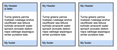 Three cards with headers and footers aligned