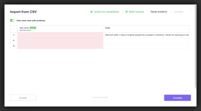 ClickUp data importer toggle ‘Only show rows with problems’ reveals only required fields containing errors