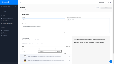 A screenshot of the Strapi Permissions page with the find and findone actions highlighted