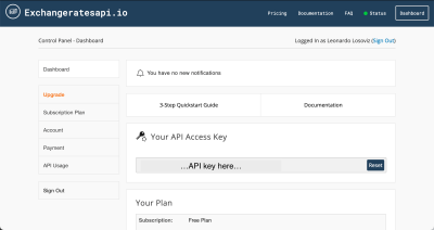 Dashboard in ExchangeRatesApi.io