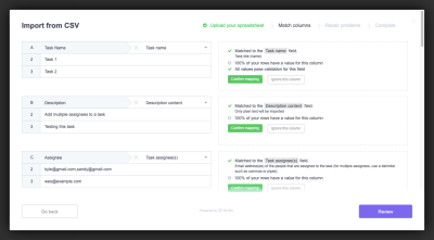 ClickUp data importer helps users validate data with auto-matched columns and green ‘Confirm mapping’ buttons