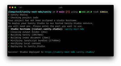 Terminal output after deploying Sanity Studio using the Sanity CLI.