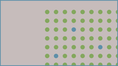 An illustration with many circles. Majority of them are green, and only three are blue.