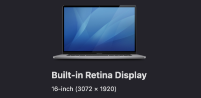 Built-in retina display showing 16-inch with 3072 times 1920 pixels