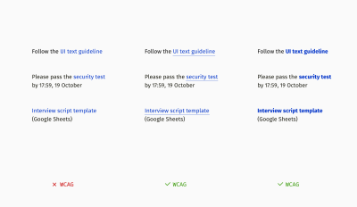 A comparison of three ways of using links that are distinguishable with color: links shown in blue text (left), underlining links shown in blue text (middle) and links shown in bold blue font (right)