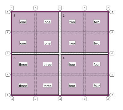 A grid of four items with the Firefox Grid Inspector highlighting the lines