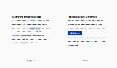 A “naughty” example presented on the left with duplicated links provided in a text compared to a “better” example shown on the right showing one prominent link presented as a blue button