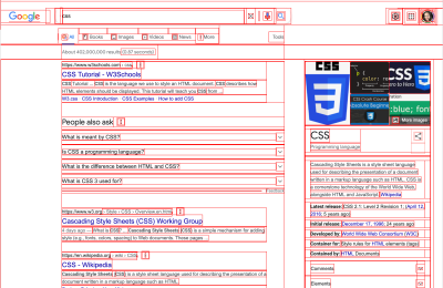 Google search results for ‘css’ with a red outline added to every element revealing the structure of element boxes that make up the page.