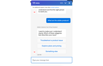 User free-typing “What are the adobe products” and the Adobe chatbot responding “I want to make sure I understand clearly. Which of these categories best describes your issue? Troubleshoot a product issue; Explore plans and pricing; Something else.”