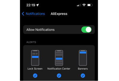 A screenshot where notifications from AliExpress are on