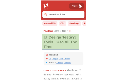 A screenshot of a mobile view of the same Smashing Magazine article as previous, but this time there is no author image and the title is highlighted in green as the LCP element. We are also able to see more information on the article estimated reading time, labels, some charing links and the start of the article quick summary. The author's name is still shown above the title but without the image.