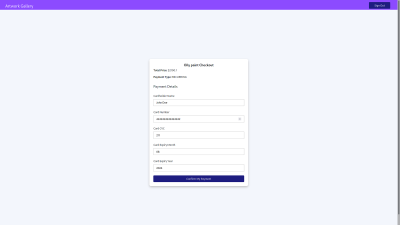 Checkout page in the gallery application displaying fields for inputting a credit card to purchase the selected product.