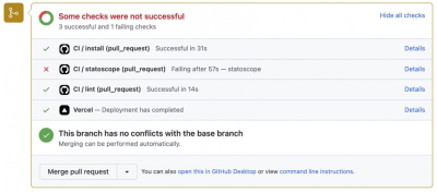 A pull request with a red cross next to the Statoscope check