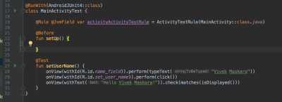 clicking on the green play button in IDE to run the test