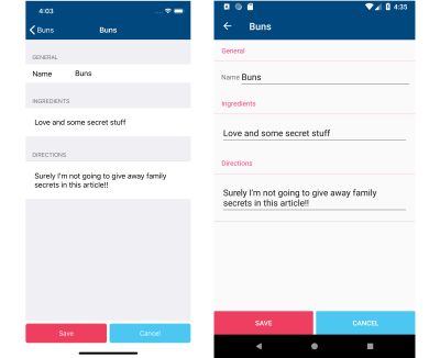 Screenshot of recipe edit screen on iOS and Android