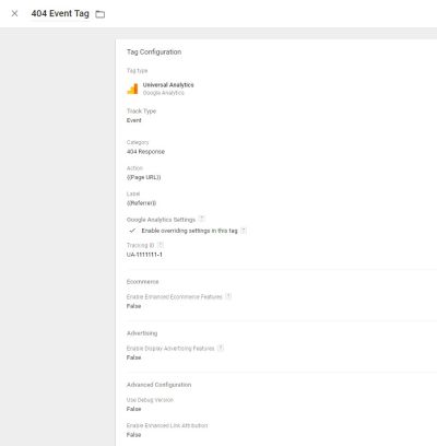 404 event tagging, screenshots of tracking a 404 error