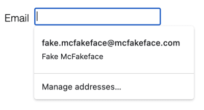 Screenshot of autofill popup on Chrome showing only two fields: email and name (the only email is visible)