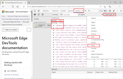 Edge, with the Memory tool showing a heap snapshot and a bunch of node types highlighted