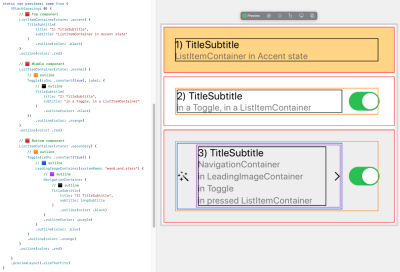 Some code and a rendered iOS preview for a few SwiftUI composition components.