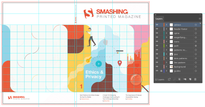 Final cover design shown in Adobe Illustrator with grid guides and layers panel