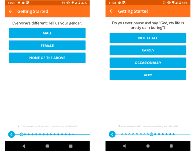 Happify learns a lot about you as an individual before recommending anything. They ask about things that may not seem important, because they understand the holistic nature of mental health.