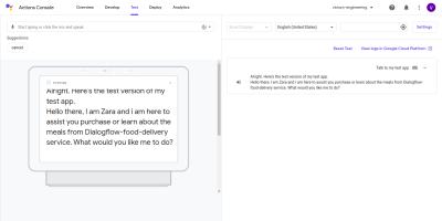 Testing the Dialogflow agent from the Google Actions console.