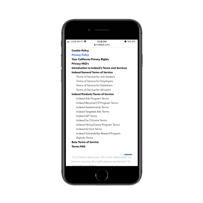 Indeed mobile website with drop-down navigation for legal page