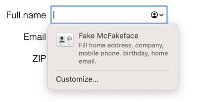 Screenshot of Safari autofill suggestion, indicating that it will share address, company, mobile phone, email, birthday