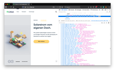 Main page of Lition web-site with opened browser dev tools