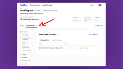 Screenshot of Gatsby Cloud with Site Settings