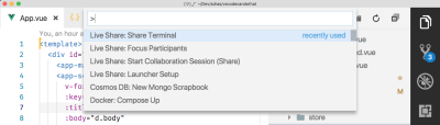 vs code command palette with share terminal selected