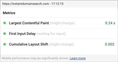 Screenshot of the heads-up-display view of the Chrome Web Vitals plugin