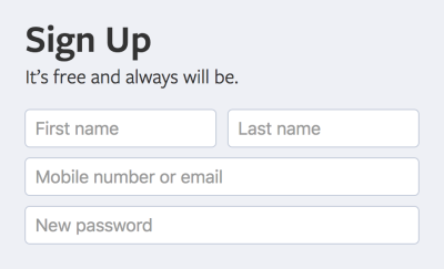 Facebook's signup form. A heading reads,