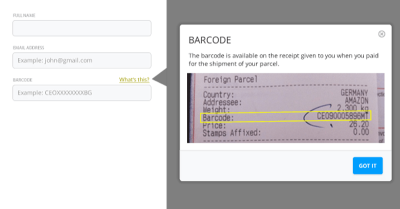 It is not obvious where the user can find the barcode. Concise help text next to the input field would be very useful.