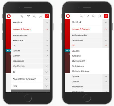 Two mobile views of the Vodafone website showing underlined links within accordions