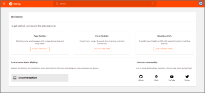 Welcome page of the Admin App showing other Webiny Apps.