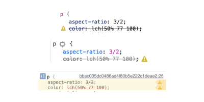 From top to bottom: Chromium, Firefox, and Safari dev tools indicating lack of support for lch color, with Safari also not supporting aspect-ratio.