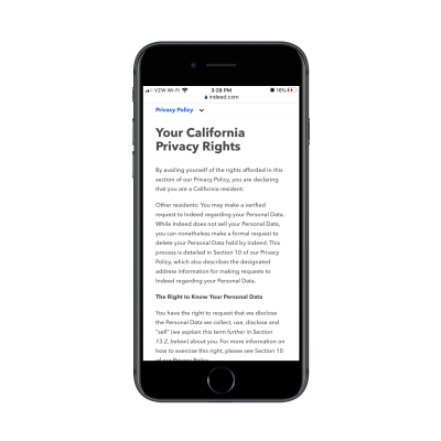 Indeed legal page on mobile with sticky top navigation