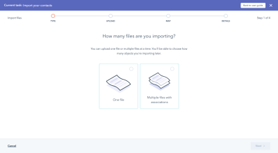 HubSpot data importer asks ‘How many files are you importing?’: one file or multiple files with associations