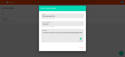 Displayed create content modal with the needed fields for creating a new content.