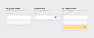 Three columns: Navigation list item, Switch list item and Selectable list item.