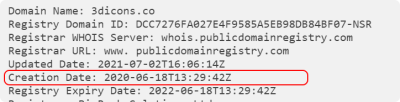 A screenshot of the WHOIS information for the 3dicons.co domain